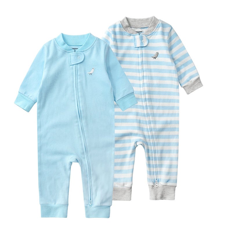 Teach Leanbh Baby 2-Pack 100% Cotton Romper Jumpsuits Two Way Zipper Long Sleeve Footless Sleep and Play (Blue Stripe, 3-6 Months) - Image 1